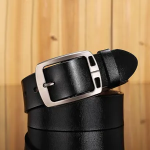 Classic men's black leather belt with stylish retro metal pin buckle for casual daily wear
