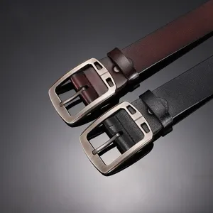 Men's retro leather belt with vintage pin buckle, genuine cowhide trousers strap pair view.