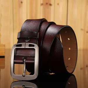 Vintage men's genuine leather belt with stylish metal pin buckle for casual daily wear.