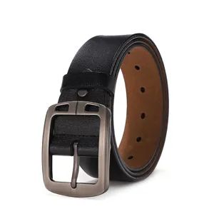 Men genuine leather belt with antique pin buckle, stylish black casual trouser belt for daily wear.