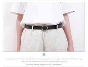 Women black leather belt with round metal buckle minimalist casual fashion waist belt for girls