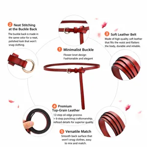 Women genuine leather thin belt casual dress waist strap vintage metal buckle red
