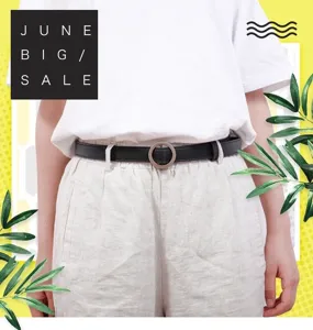 Women black leather belt with round metal buckle, minimalist vintage stylish pants belt for daily.