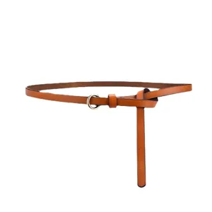 Women thin leather belt minimalist dress belt elegant gold ring buckle brown accessory