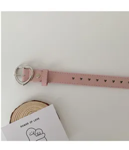 Pink heart buckle hollow leather belt for women, stylish sweet daily waist accessory.