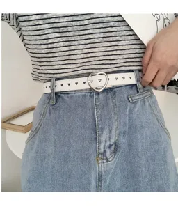 White leather belt detail featuring cute heart shaped metal buckle and sweet printed heart patterns.