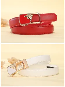 Women genuine leather belt with stylish gold dolphin automatic buckle, premium detail view.