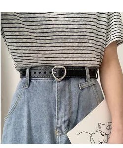Women fashion black leather belt with cute metal heart buckle and cutout heart design for jeans.