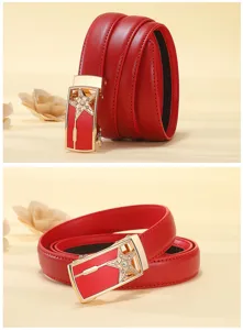 Women Red Leather Belt Gold Automatic Buckle Rhinestone Star Waistband Jeans Accessory