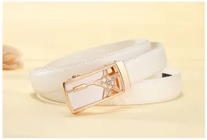 Women white leather belt with automatic buckle and rhinestone star rose gold design