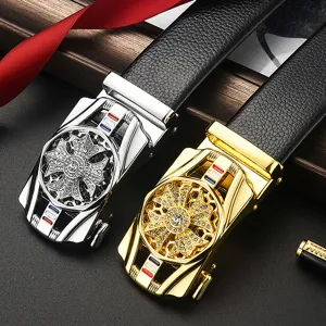 Luxe heren automatisch gesp lederen riem met sprankelend strass wielontwerp nieuw.