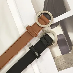 Women round buckle belt minimalist vintage casual black brown PU leather waist belt chic