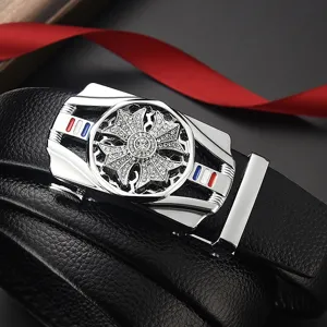 Heren automatisch lederen riem met zilveren strass kruis gesp, luxe heren designer stijl.