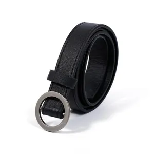 Black leather women belt with stylish round metal buckle minimal design for daily wear