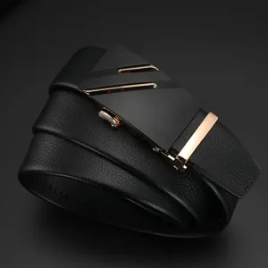 Men's black leather belt with metallic automatic buckle for business casual wear stylish strap.