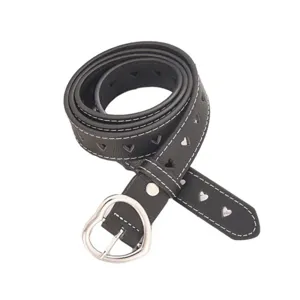 Women black leather belt with heart buckle and hollow cutouts stylish waist accessory for jeans