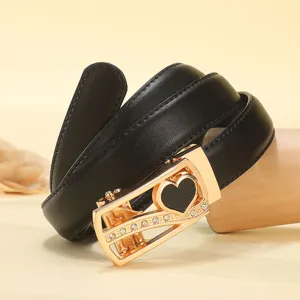 Women black leather belt with elegant gold heart rhinestone automatic buckle for jeans and dresses