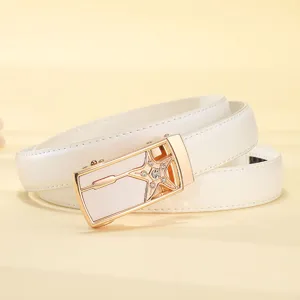 Elegant white leather belt for women featuring a stylish gold automatic rhinestone star buckle.