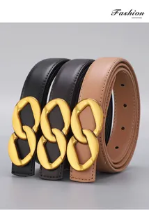 Women vintage leather belt with gold chain buckle, stylish accessory for jeans and suits.