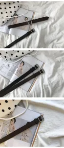Minimalist thin leather belt with metal square buckle, versatile retro accessory.