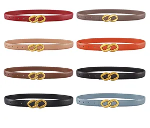 Detailed view of women leather belt featuring unique gold metal buckle and multiple colors.