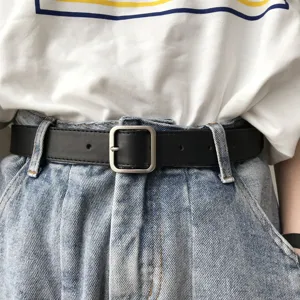 Retro Women Men PU Leather Belt Minimalist Casual Fashion Metal Square Buckle Waist Belt Daily Jeans Decorative Belt