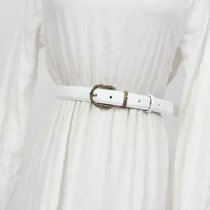 White leather belt for women, elegant thin waist strap with vintage bronze buckle, fashionable style.
