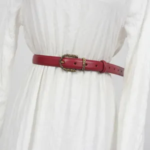 Red genuine leather women belt vintage floral metal buckle fashion dress decoration