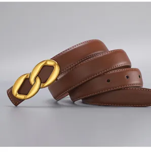 Elegant women brown leather belt with vintage gold chain buckle for jeans and dresses.