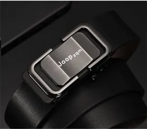 Men automatic buckle leather belt closeup detail view, luxury black business waist belt for men.