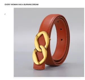 Women's brown leather belt with gold tone metal figure-8 buckle stylish pants accessory