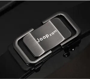 Close-up detail view showing the metal automatic buckle and refined texture of the men's belt.