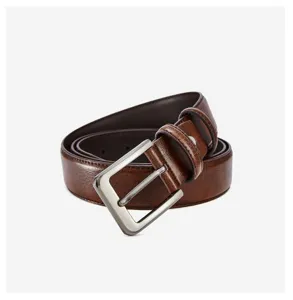 Close-up detail of brown men leather belt with silver pin buckle, classic casual business style.