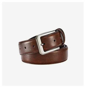 Detailed view of brown men's PU leather belt featuring a sleek metal pin buckle and texture.