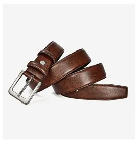 Brown PU leather men's belt detail view showcasing metallic buckle and fine texture.
