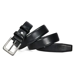 Closeup detail of black PU leather men belt with silver metal pin buckle texture view.