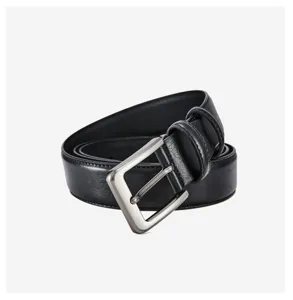 Detailed shot of mens black leather pin buckle belt showing metal buckle and dual loops clearly.