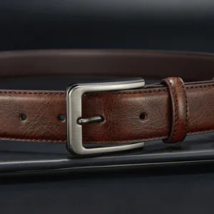 Men's brown distressed pu leather belt with metal pin buckle casual business classic trouser.