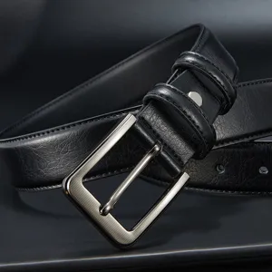 Men's black PU leather belt featuring a classic metal pin buckle for casual business wear.