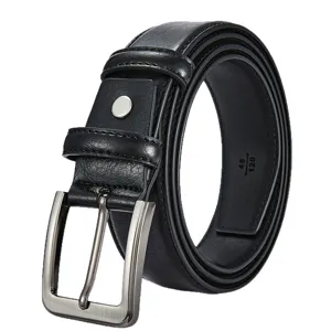 Classic men's black PU leather belt with silver pin buckle, casual business style.
