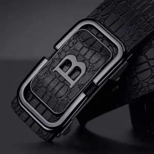 Luxe heren lederen riem met stijlvolle automatische metalen gesp en krokodillenpatroon.