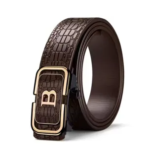 Bruine echt lederen herenriem met krokodillenmotief en automatische gesp, stijlvol en casual.