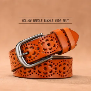 Women's Orange Hollow Leather Belt Vintage Needle Buckle Casual Wide Belt Main View