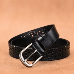 Women's Black Genuine Leather Belt Hollow Out Pin Buckle Casual Fashion Waistband