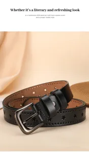 Close-up detail of black leather belt featuring star cutouts and stylish metal pin buckle.