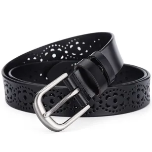 Women genuine leather belt featuring hollow floral pattern and classic silver pin metal buckle.