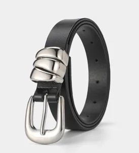 Black genuine leather slim belt with modern metallic knot buckle detail for women.