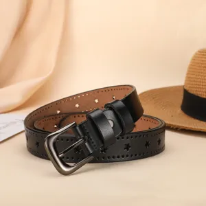 Women's genuine leather belt with star cutouts and stylish pin buckle for casual daily wear.