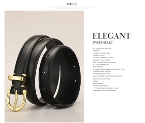 Detail shot of women black leather belt with golden metal pin buckle, minimalist style.