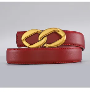 Detailed view of red leather women belt featuring a gold chain buckle, elegant accessory.